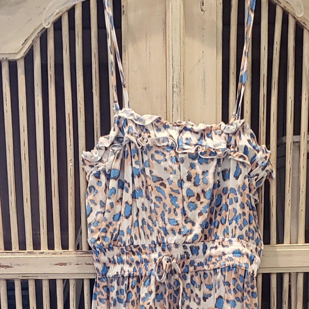 Strapless sun dress with a blue and tan animal print  Size Small - Picture 8 of 8
